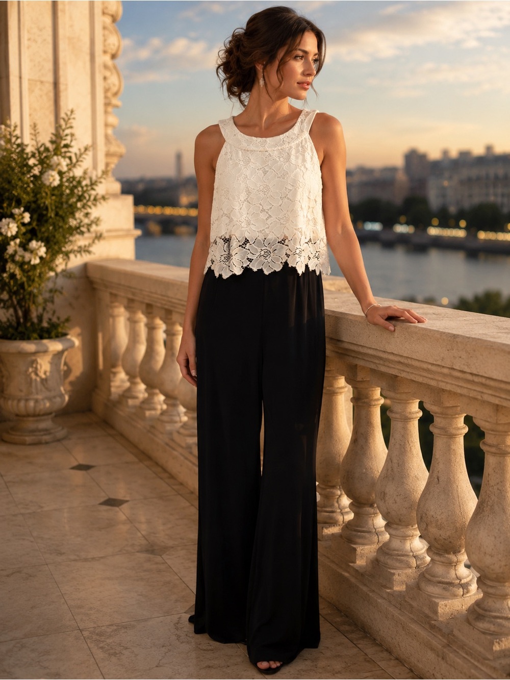 Signature by Sangria Black Wide-Leg Jumpsuit with White Lace Top